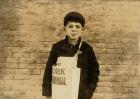 Tony Casale known as 'Bologna' aged 11, selling papers for 4 years, bitten by his father for not selling enough, Hartford, Connecticut, 1909 (b/w photo)