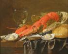 Still life with lobster, shrimp, roemer, oysters and bread (oil on copper)