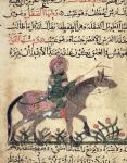 Horse and rider, illustration from the 'Book of Farriery' by Ahmed ibn al-Husayn ibn al-Ahnaf, 1210 (vellum)