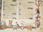 Illustration from a psalter, depicting various figures, a spoonbill, sheep, centaurs and Reynard the Fox (vellum)