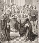 Queen Fredegond gives orders to two men of Terouanne to assassinate Sigbert, King of Austrasia, from 'Le Moyen Age et La Renaissance' by Paul Lacroix (1806-84) published 1847 (litho)