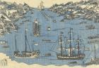 Bunkindo print of foreign ships in the port of Nagasaki, 1800-50 (woodblock print)