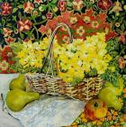 Yellow Primroses in a Basket,with Fruit and Textiles, 2010.watercolour