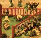 Children's Games (Kinderspiele): detail of left-hand section showing children running the gauntlet, doing gymnastics and balancing on a fence, 1560 (oil on panel) (detail of 68945)