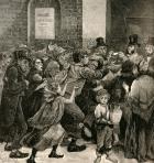 Relief of the Unemployed in London: Giving Out Soup Tickets, from 'The Illustrated London News', 13th March 1886 (engraving)