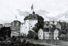 The Globe Theatre on the Bankside as it appeared in the reign of James I (1566-1625) 1672 (engraving) (b/w photo)
