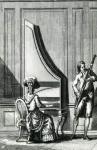 Musicians playing an upright clavicord and a bassoon (engraving) (b/w photo)