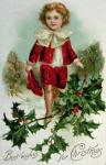 Victorian Christmas postcard depicting a boy in red in the snow (colour litho)