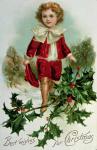 Victorian Christmas postcard depicting a boy in red in the snow (colour litho)