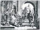 Christopher Columbus (1451-1506) presenting an account of his discovery of America to the King and Queen of Spain (engraving)