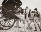 The inconvenience of Kabriolets. A lady's dress gets caught up in her carriage whilst she dismounts. From Illustrierte Sittengeschichte vom Mittelalter bis zur Gegenwart by Eduard Fuchs, published 1909.