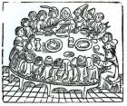 The Canterbury Pilgrims sitting down for a shared meal, illustration from Geoffrey Chaucer's (c.1345-1400) 'Canterbury Tales', printed by Wynkyn de Worde, c.1485 (engraving) (b/w photo)