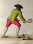 Nobleman playing racquets (pen & ink and w/c on paper)