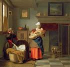 Nursemaid with baby in an interior and a young girl preparing the cradle