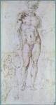 Study for Apollo (formerly Mercury) standing nude with a cloak draped over his shoulders and the figure of a man carrying a burden (pen and crayon on paper)