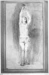 Young boy with a loincloth, both hands hanged on a small bar (pen, brown ink & wash on paper) (b/w photo)