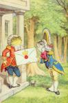The Fish-Footman Delivering an Invitation to the Duchess, illustration from 'Alice in Wonderland' by Lewis Carroll (1832-9) (colour litho)