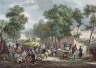 Prussian soldiers bivouacking in the Champs de Mars, Paris in 1871, engraved by Jazet (colour litho)