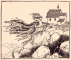 It was not long before the seven headed dragon came, loudly roaring. Illustration by Arthur Rackham from Grimm's Fairy Tale, The Two Brothers.