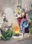 Peter denies knowing Jesus when asked by the high priest's servant girl (colour litho)