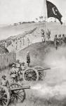 Hoisting the Egyptian flag at Fashoda, 1898, the climax of imperial territorial disputes between Britain and France in Eastern Africa. From Field Marshal Lord Kitchener, His Life and Work for the Empire, published 1916.