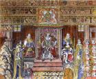 James I of England (1566-1625) at Court, (engraving) (later colouration)