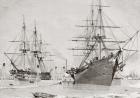 The converted warships HMS Agamemnon and USS Niagara taking aboard cable to lay for the transatlantic telegraph. From L'Univers Illustre, published Paris 1858.