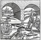 A Man loading a cannon, illustration for 'De re Militari' by Publius Flavius Vegetius Renatus (fl.390), printed by Christian Wechel, Paris, 1532 (woodcut)