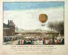 The Flight of Jacques Charles (1746-1823) and Nicholas Robert (1761-1828) from the Jardin des Tuileries, 1st December, 1783 (coloured engraving)