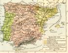 Map of Spain, 1212-1492, showing kingdom of Castile and León with its dependencies, kingdom of Aragon with its dependencies, kingdom of Navarre, kingdom of Portugal and Moorish kingdom of Granada till 1492, from Historical Atlas, published 1923 (colour li
