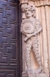 Avila, Avila Province, Spain. Wild man or woodwose guarding the door of the Romanesque-Gothic Cathedral