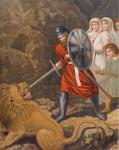 The Pilgrim's meeting with a lion, illustration from 'The Pilgrim's Progress' by John Bunyan (1628-88) (colour litho)