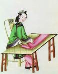 A Chinese Woman cutting cloth, Qianlong Period (1736-96) (gouache on paper)