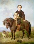John Samuel Bradford as a boy seated on a shetland pony with a pug dog, 19th century