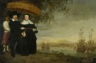 A senior merchant of the Dutch East India Company Jacob Mathieusen and his wife at Batavia where Dutch East India Company ships prepare to sail home c.1640-60 (oil on canvas)