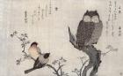 An Owl and two Eastern Bullfinches, from an album 'Birds compared in Humorous Songs, Contest of Poetry of the 100 and 1000 birds', 1791 (colour woodblock print)