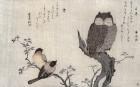 An Owl and two Eastern Bullfinches, from an album 'Birds compared in Humorous Songs, Contest of Poetry of the 100 and 1000 birds', 1791 (colour woodblock print)