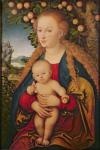 The Virgin and Child under an Apple Tree, 1520-26 (oil on canvas transferred from p tr om anel)) 99 : Jesus Christ; baby; lap; apples; landscape; background; symbolism; Eve; sin; symbolic; infant; rural;