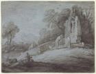 Churchyard with Figure Contemplating Tombstone (etching on paper)
