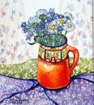 Daisies and Forget-Me-Nots Orange Jug and Patterned Fabric, (water colour) 2015