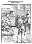 View of a sixteenth century kitchen with cook gutting a rabbit (woodcut)