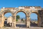 Hierapolis, Denizli Province, Turkey. Ruins of the ancient city. The northern Roman Gate, also known as the Domitian Gate, or Domitian Arch, or the Frontinus Gate. Hierapolis is a UNESCO World Heritage Site.