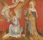 Panel from a diptych depicting the Angel of the Annunciation, the Donor and a Female Saint, possibly St. Mary Magdalene, c.1420 (oil on panel)