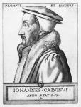 Portrait of John Calvin (1509-64) aged 53, 1564 (engraving) (b/w photo)