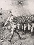 Major Jean-Baptiste Marchand, pipe in mouth, cane in hand, leads Zouave and Moroccan untis against German enemy Western Front 1915, from 'The War Illustrated Album deLuxe', published in London, 1916 (litho)