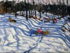 Two boys falling off a sledge, Morzine (oil on canvas)