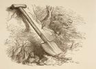 Illustration of a spade dug halfway into the ground, from 'The Illustrated Library Shakespeare', published London 1890 (litho)