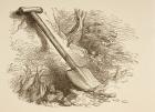 Illustration of a spade dug halfway into the ground, from 'The Illustrated Library Shakespeare', published London 1890 (litho)