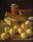 Still life with apples, pots of jam and boxes of cake (oil on canvas)