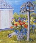 Cottage Garden with Birdhouse and Pug, 2011,gouache